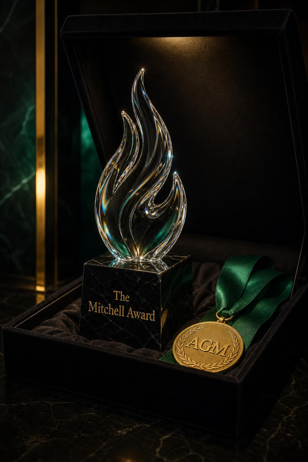 The Mitchell Award — a crystal flame trophy and AGM gold medallion on emerald ribbon, in a black velvet presentation box